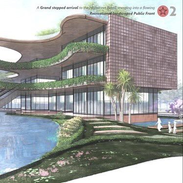 A grand stepped arrival merges into a flowing, recreational public front. This rendering shows how we use terraced landscaping and water bodies to create an inviting transition from the street to the retail highstreet, blending the building into the urban fabric.