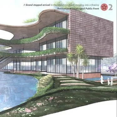 A grand stepped arrival merges into a flowing, recreational public front. This rendering shows how we use terraced landscaping and water bodies to create an inviting transition from the street to the retail highstreet, blending the building into the urban fabric.