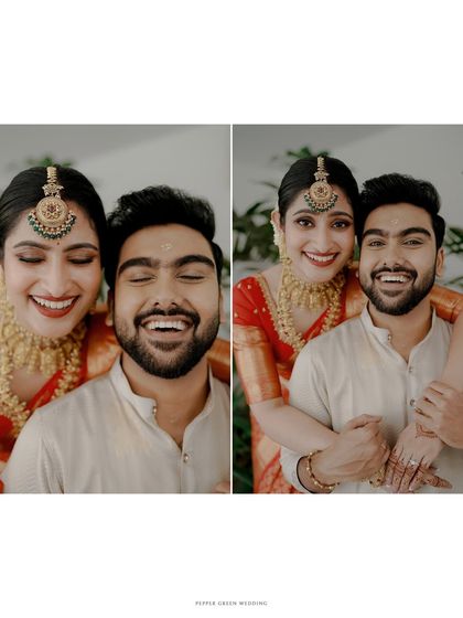 A collage of the couple's happy smiles, capturing their joy and excitement on their wedding day.