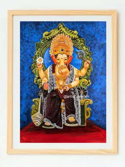 This realistic Ganesha painting, framed and ready for a new home, is a form of puja for me. Capturing the divine presence of Ganpati Bappa on a 15 by 23-inch canvas using acrylics is a meditative process.
