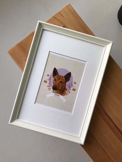 The completed and framed digital portrait of Chiku, ready to be gifted or hung. It makes for a wonderful, personal piece of home decor.