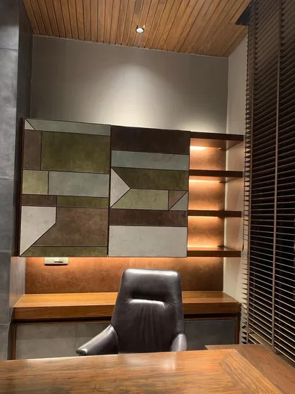 A close-up of the custom storage unit in the T House study, with its integrated lighting highlighting the shelves.