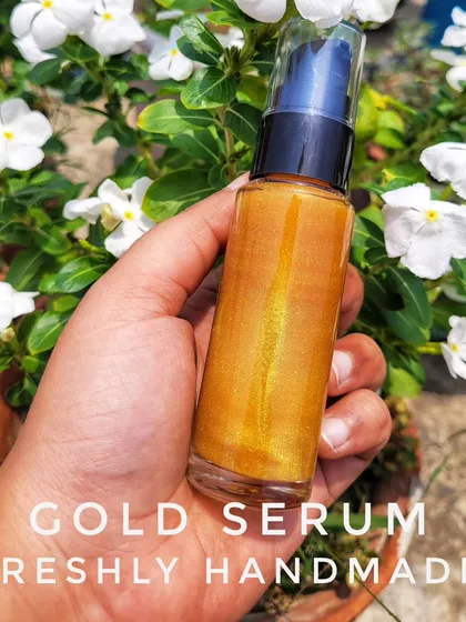 For a touch of luxury, I created this 24k Gold Serum. It's packed with natural ingredients like saffron and hyaluronic acid to help with skin lifting, brightening, and giving you that special facial-like glow at home.