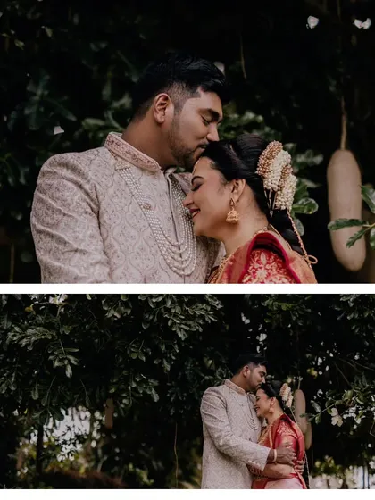 A collage of a couple's romantic portraits from their wedding day, capturing a tender forehead kiss.