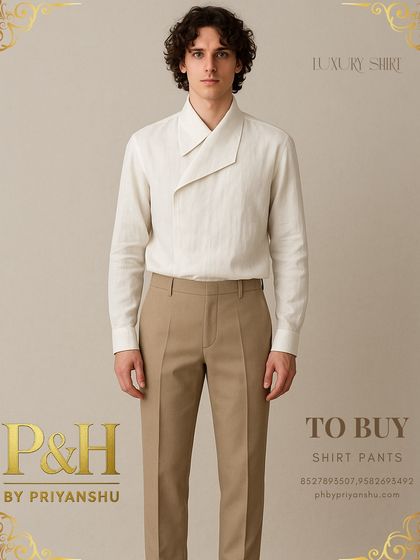 A closer view of the off-white linen shirt, highlighting the texture of the pure linen fabric and the innovative design of the designer collar.