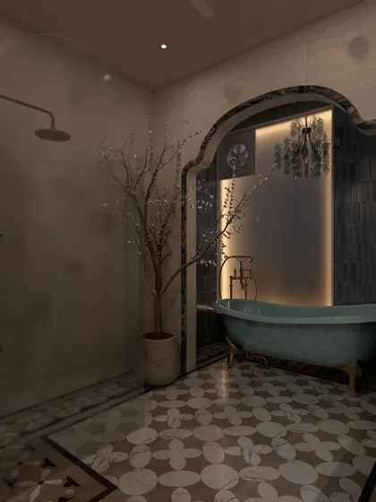At night, soft lighting creates a tranquil and intimate atmosphere, turning the bathtub area into a perfect spot for relaxation.