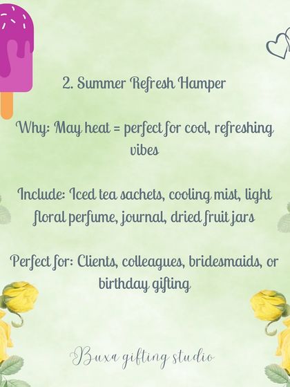 A "Summer Refresh Hamper" idea for May, with iced tea sachets, a cooling mist, and a light floral perfume.