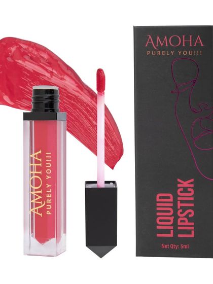 A red 'Amoha' lipstick with its box and a color swatch, on a white background.