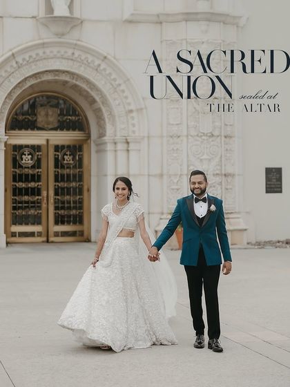 A sacred union sealed at the altar. This wide shot shows the couple hand-in-hand, their unique Catholic wedding attire creating a memorable and stylish statement.