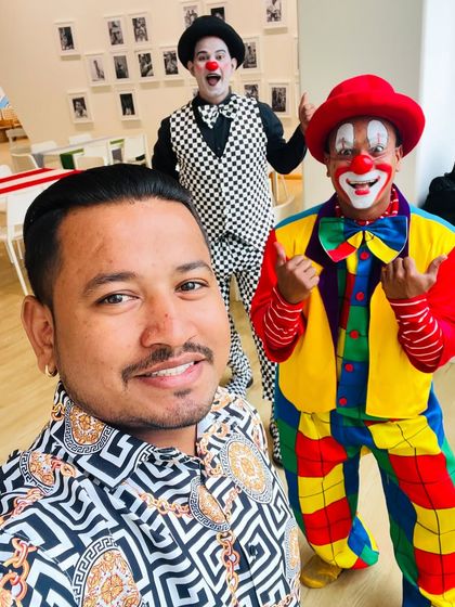 A quick selfie with some talented clown performers before a show. We work together to bring a full package of entertainment to birthday parties and events.