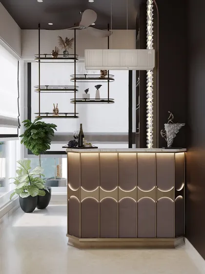The bar is designed with both function and beauty in mind, with a floating display that preserves storage without blocking the natural light from the window.