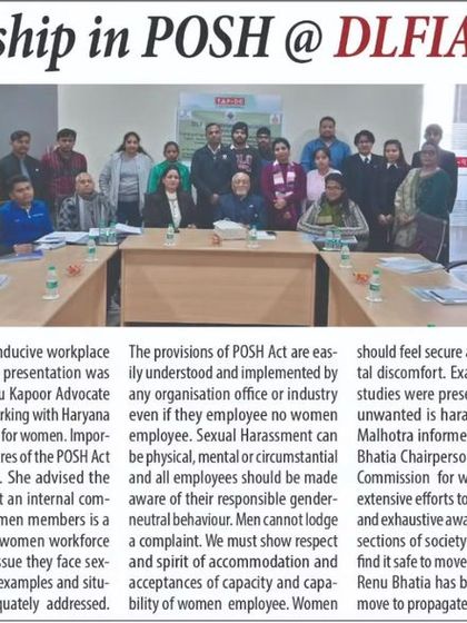 A press clipping covering the STRIVE workshop on POSH and Gender Sensitivity that I conducted for the DLF Industries Association. Media coverage helps amplify the message of creating safer, more inclusive workplaces.
