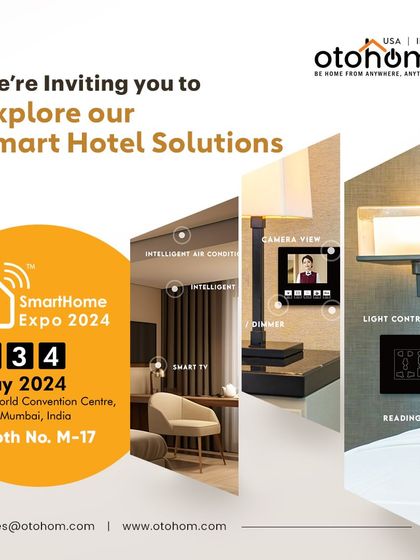 This graphic highlights the key components of our smart hotel solutions, including intelligent air conditioning, smart TV integration, and advanced lighting controls with preset modes like 'Reading' and 'Sleep'.
