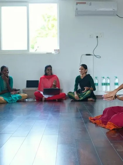 A candid moment of discussion and laughter during our Adavu Meet in Chennai. These workshops are as much about community as they are about dance.