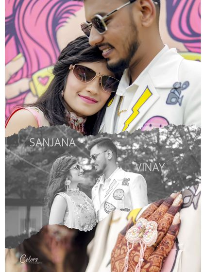 A creative collage from the same shoot, blending color and black and white to highlight the couple's fun style.