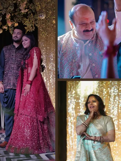 A collage showing the couple and their parents enjoying the Sangeet. It highlights the family celebrations and emotional moments of the parents watching the performances.