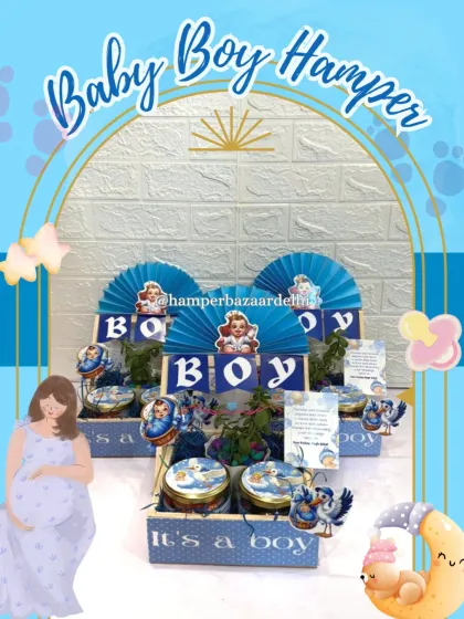 An overview of our baby boy hamper collection, showing the variety of styles we offer.