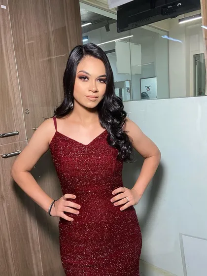 Another shot of this stunning party look. The makeup is designed to be bold and captivating, perfect for making an entrance.