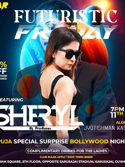 A poster for a 'Futuristic Friday' Bollywood night in Guwahati. My goal is to make every club night a unique experience, whether it's a puja special or a regular weekend gig.