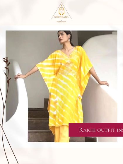 This yellow tie-dye kaftan set is a great outfit inspiration for Rakhi or any casual festive gathering. It's comfortable, stylish, and vibrant.