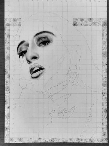 This is the 98-hour process of drawing Raja Kumari. The progress shots highlight the extreme detail in her jewelry and the challenge of rendering different textures.