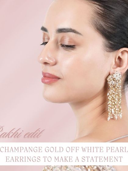 Make a statement with these champagne gold and off-white pearl earrings from our Rakhi collection.