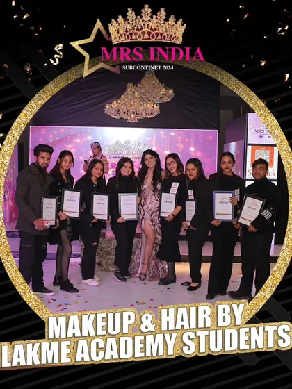 Our students posing with a contestant at Mrs. India Subcontinent 2024. These experiences allow for direct interaction with professionals in the modeling and fashion industry.