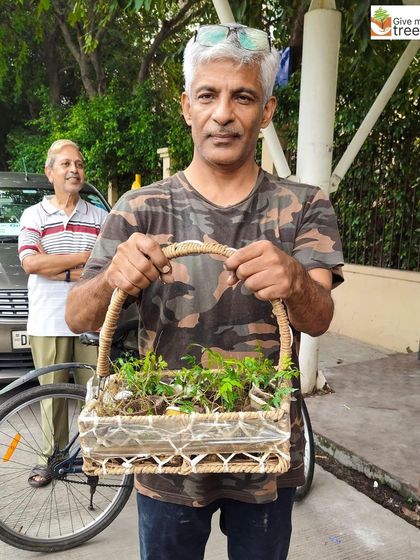 A volunteer presents a beautiful basket filled with various small saplings. These community-sourced plants add valuable diversity to our nurseries and reforestation efforts.