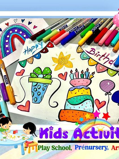 A birthday card in the making. This colorful drawing, filled with cake, presents, and rainbows, showcases the joy and creativity that our Art Club inspires. We teach kids to use markers and pens to create vibrant, personal artwork.