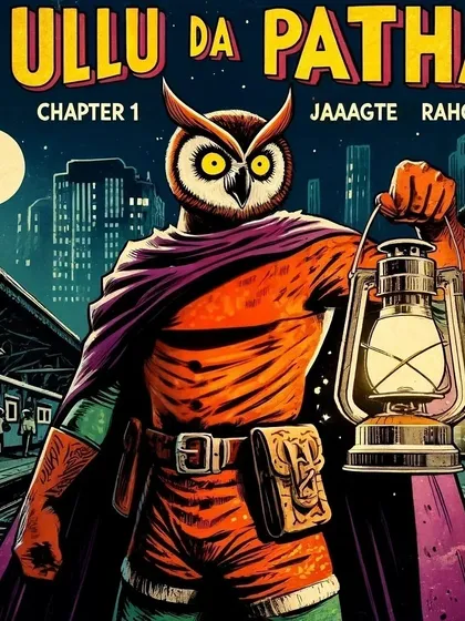 The cover of a fictional comic book, 'Ullu da Patha', about an owl-themed vigilante. This is an example of character creation and branding for a fictional IP.
