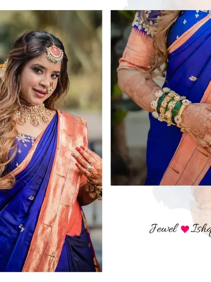 A collage showing the bride's Temple Jewellery choker and the traditional green glass bangles paired with my custom kadas.