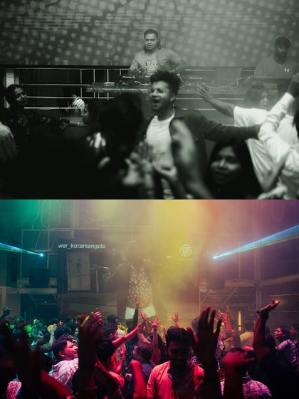 A split image showing me at the decks and the explosive energy of the crowd.