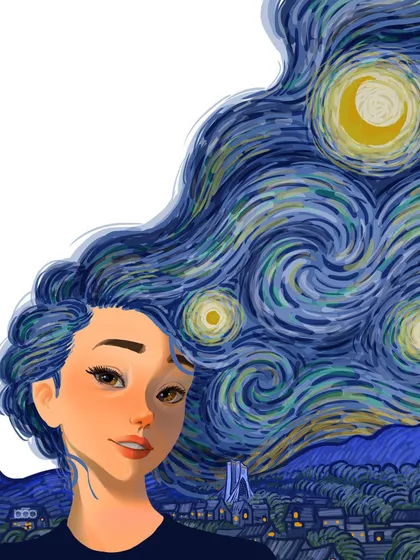 A celebration of feminine power and beauty. A woman's hair flows and transforms into the iconic "Starry Night" sky, becoming a landscape of its own, full of light, stars, and the promise of a brighter dawn for her homeland.