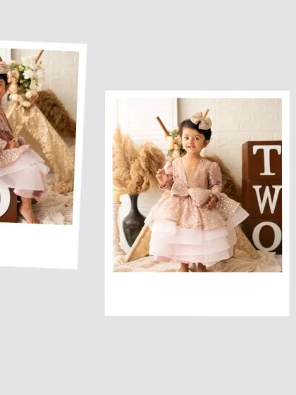 A collage from a second birthday session with a rustic, bohemian theme. The little girl is dressed in a beautiful gown, posing with props.