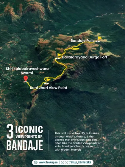 A satellite map view of the Bandaje trek route, showing the three iconic viewpoints: Rani Jhari, Ballalarayana Durga Fort, and Bandaje Falls.