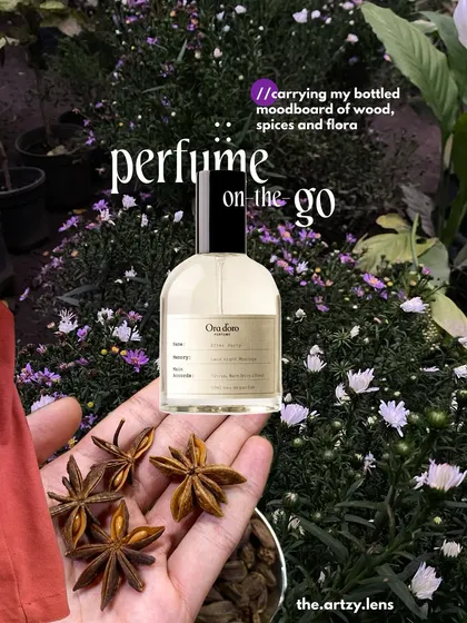 Part of a 'What's in my bag' series, this collage for a perfume brand showcases the product as a personal moodboard. This is a creative flatlay approach to product storytelling, focusing on scent profiles and aesthetics.
