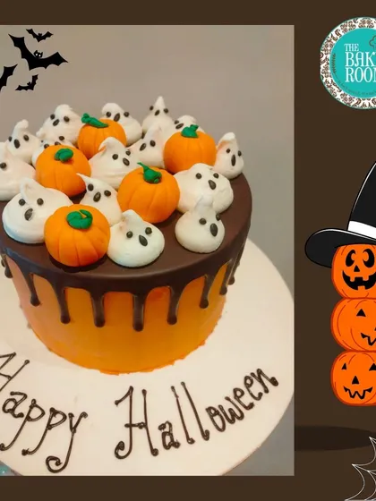 Another one of my Halloween creations, this is a drip cake topped with an army of cute meringue ghosts and pumpkins. It's more sweet than spooky, perfect for a family-friendly party.