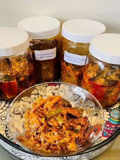 Another view of the Panchmela Achaar, showing the texture of the mixed vegetables. It’s a versatile pickle that adds a crunchy and flavorful element to any meal, especially dal and rice.