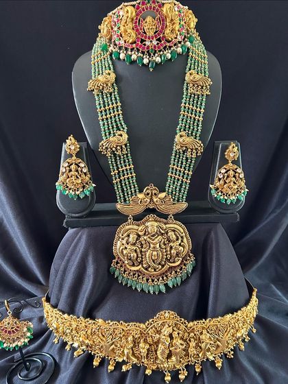 Here, the green beaded haaram is paired with a kemp stone choker, showing the versatility of my collection. I can help you create a unique combination for your special day.