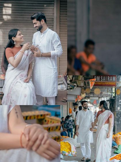 This collage captures the essence of a market visit, showing the couple interacting with the environment and each other, creating authentic, story-driven images.