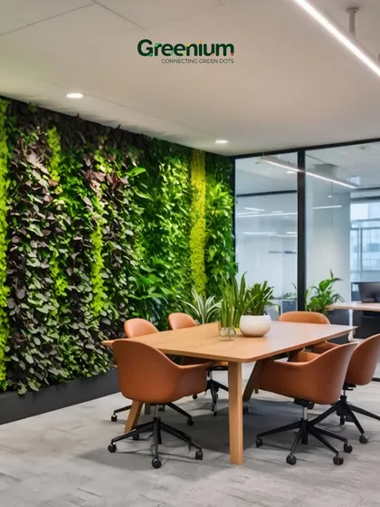 A green wall can completely redefine a professional environment. In this office meeting room, the vertical garden adds a sense of calm and focus, improving air quality and creating a more inspiring place to work.