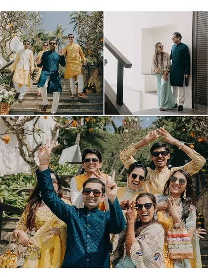 A collage capturing the fun and energy of a destination wedding welcome party. These shots showcase the happy moments shared with family and friends against a beautiful seaside backdrop.