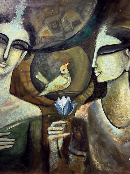 'THE DIVINE LOVE - II', a 33x41 inch acrylic on canvas painting depicting a tender moment between two figures with a bird and a flower.