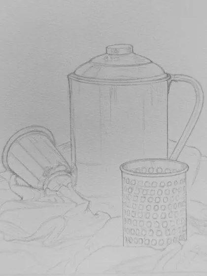 The initial line drawing for the still life composition. A clean and accurate outline is the foundation for a successful realistic drawing.