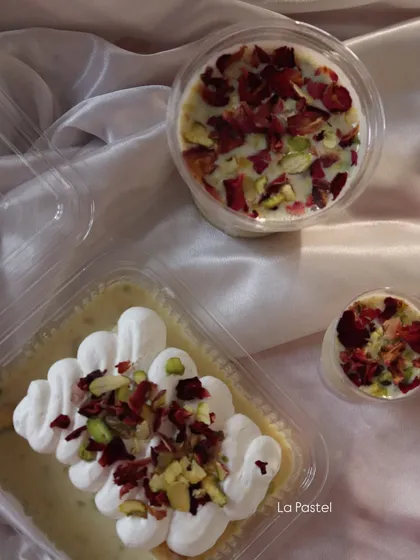 My Holi special Thandai-flavored desserts. This includes a Thandai tres leches tub and individual Thandai mousse cups.