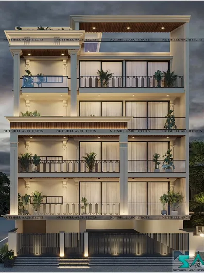 This four-story residence uses classical pillars and symmetrical balconies to create a stately and organized facade. Each floor is clearly articulated, with large windows and potted plants adding life and elegance to the timeless design.
