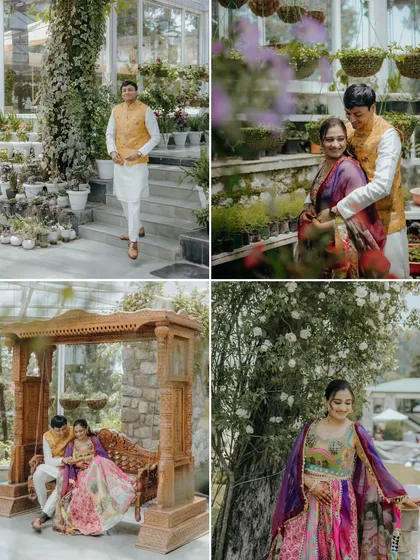 This collage captures the essence of the garden Mehendi party. It includes portraits of the couple, solo shots of the groom, and moments of them together, all set within a beautiful, light-filled conservatory.