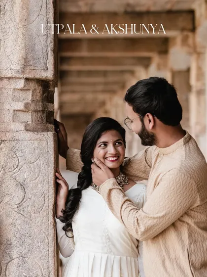A beautiful pre-wedding portrait of a couple at the historic Melkote temple, capturing a timeless and serene moment.