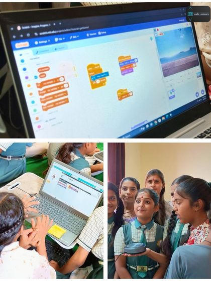 A closer look at the students' work during the Spandan Academy workshop. This image shows the Scratch interface on their laptops, where they are building logic for their animations and stories.