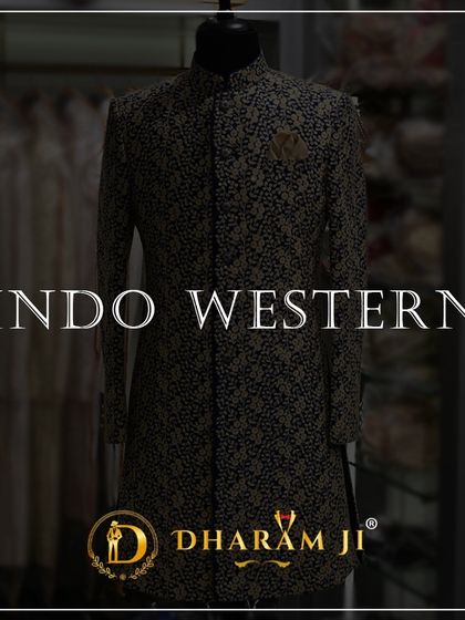 A graphic highlighting a dark, subtly patterned "INDO WESTERN" sherwani, perfect for an understated yet stylish look.